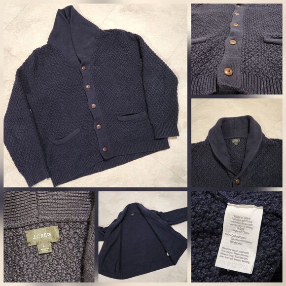 J Crew Mens M Medium Cotton Knit Shawl Collar Blue Button Up Cardigan Sweater - Picture 1 of 13